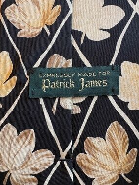 Patrick James 100% Silk Vintage Men’s Tie Black Metallic Gold Leaf Grid